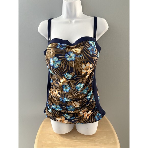 Lands End Swim Top Size 12 Blue Brown Floral Blouson Tummy Hiding Ruched Tankini - Picture 1 of 11